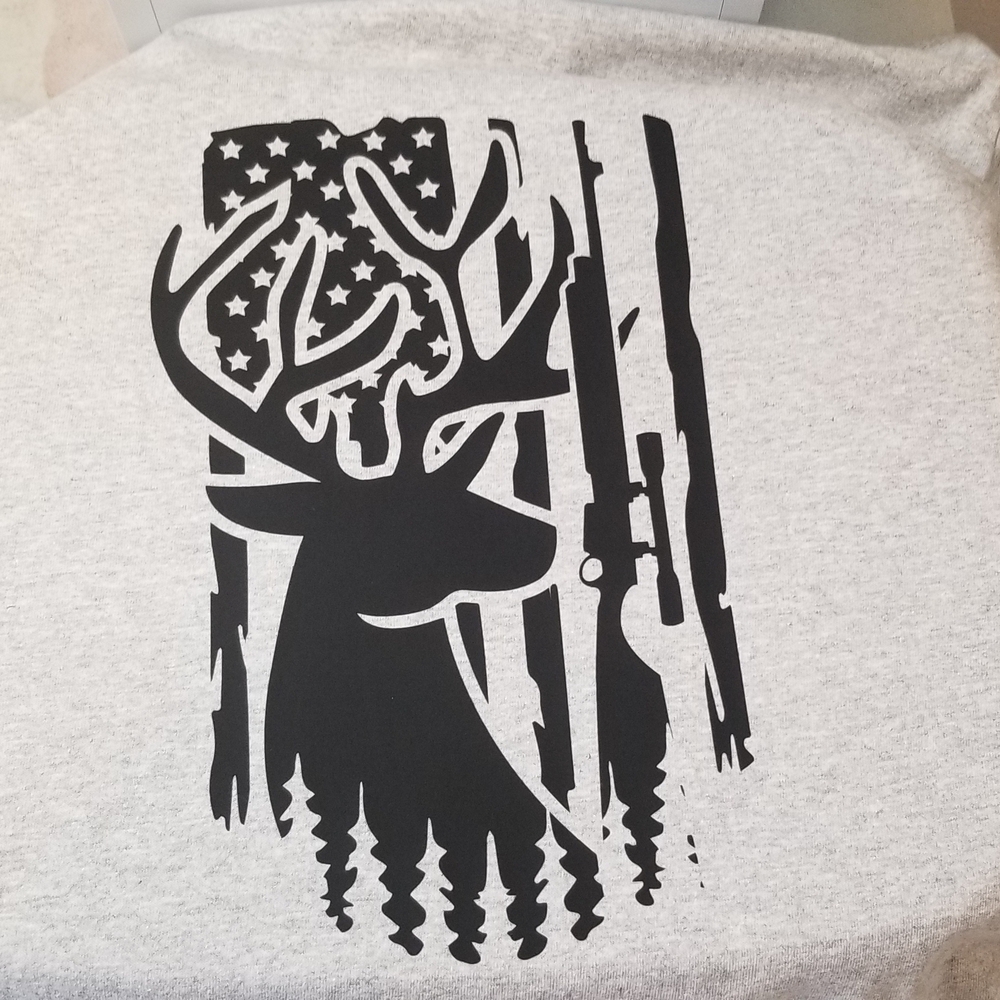Gray Short Sleeve Tee with Black Deer Design And American Flag Design